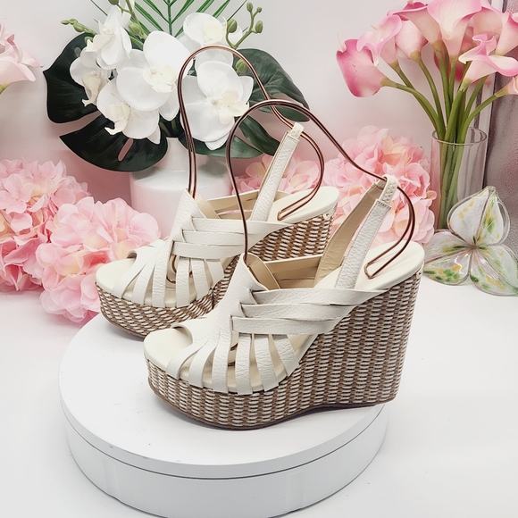 💋NEW💋JIMMY CHOO Perdita Leather Raffia Wedge Sandals - Picture 2 of 14